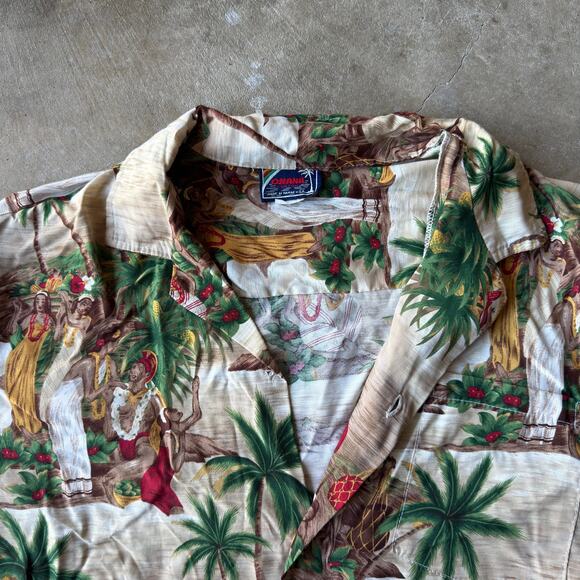 VINTAGE 80S HAWAIIAN OHANA BUTTON UP SHIRT FLORAL PRINT PALM TREES MENS XL - Picture 2 of 6
